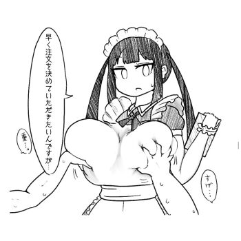 1girl 2boys alternate_costume apron bow bowtie breasts collared_dress commentary_request deep_skin dress enmaided expressionless frilled_apron frills grabbing_another&#039;s_breast greyscale groping holding huge_breasts jitome long_hair long_sidelocks madoro maid maid_apron maid_headdress mamiya_hina monochrome motion_lines multiple_boys original pov pov_hands puffy_short_sleeves puffy_sleeves scrunchie short_sleeves sidelocks simple_background sketch speech_bubble sweat tsurime twintails upper_body