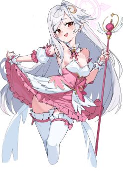 1girl :d absurdres blue_archive blush breasts bustier cleavage commentary crescent crescent_hair_ornament cropped_legs detached_sleeves dress fake_wings fang hair_between_eyes hair_ornament halo head_wings highres holding holding_wand long_hair looking_at_viewer mr.zhuo no_bra open_mouth panties panty_peek pink_dress pink_halo pink_skirt red_eyes single_hair_intake single_head_wing skirt skirt_hold small_breasts smile solo suzumi_(blue_archive) suzumi_(magical)_(blue_archive) symbol-only_commentary thighhighs underwear very_long_hair wand white_hair white_panties white_thighhighs wings zettai_ryouiki