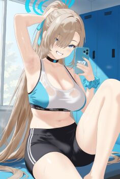 1girl absurdres arm_up armpits asuna_(blue_archive) bike_shorts black_choker black_shorts blonde_hair blue_archive blue_eyes blue_halo breasts choker cleavage commentary english_commentary grin halo highres holding holding_phone indoors knee_up large_breasts lewd_chan locker locker_room long_hair midriff naughty_face navel phone ponytail presenting_armpit scrunchie shorts smile solo sports_bra sweat two-tone_sports_bra very_long_hair wrist_scrunchie
