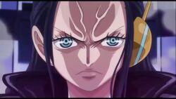 1girl animated audible_speech black_boots black_hair blue_eyes boots clone crossed_arms egghead_island english_audio extra_arms giant giantess gloves hair_slicked_back hana_hana_no_mi headset jacket leather leather_jacket looking_at_viewer loose_hair_strand midriff nico_robin nico_robin_(egghead) one_piece orange_thighhighs petals purple_gloves sound tagme thighhighs toei_company video