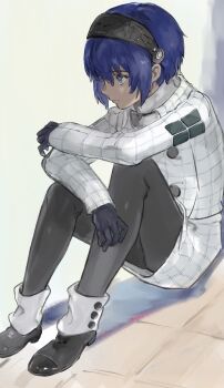 Rule 34 | 1boy, ankle cuffs, black footwear, black gloves, black pants, blue eyes, blue hair, buttons, closed mouth, coat, collared coat, crossed arms, dark-skinned male, dark blue hair, dark skin, elbow on knee, gloves, hair between eyes, hairband, highres, long sleeves, looking ahead, male focus, metal hairband, metaphor: refantazio, pants, patterned clothing, protagonist (metaphor: refantazio), samerkgk, short hair, sitting, solo, tile floor, tiles, white coat