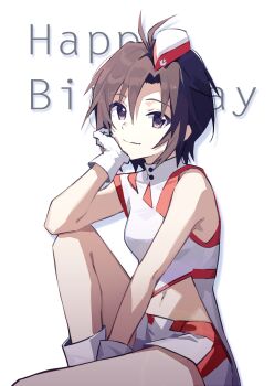 1girl between_legs birthday breasts brown_hair canon_(aria) commentary elbow_rest english_text garrison_cap gloves hair_between_eyes hair_strand hand_between_legs hat head_rest highres idolmaster idolmaster_(classic) idolmaster_million_live! idolmaster_million_live!_theater_days kikuchi_makoto knee_up light_smile looking_at_viewer midriff navel purple_eyes red_hat red_shirt red_shorts shirt short_hair_with_long_locks shorts simple_background sitting sleeveless sleeveless_shirt small_breasts solo turtleneck two-tone_headwear two-tone_shirt two-tone_shorts voy@ger_(idolmaster) white_background white_gloves white_hat white_shirt white_shorts