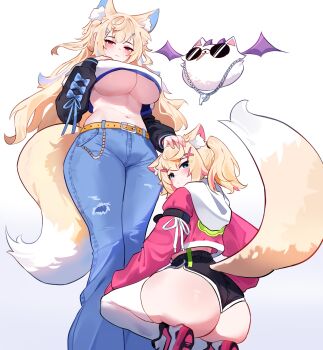 2girls :3 animal_ear_fluff animal_ears ass belt black_shorts black_sleeves blonde_hair blue_eyes blue_pants blue_streaks blush breast_suppress breasts chain chain_necklace clulless commentary crop_top demon_horns demon_wings denim dog_ears dog_girl dog_tail dolphin_shorts english_commentary fuwawa_abyssgard hair_ornament hairclip hand_on_another's_head highres hololive hololive_english hood hoodie horns jeans jewelry large_breasts long_hair long_sleeves looking_at_viewer looking_back micro_shorts mococo_abyssgard multicolored_hair multiple_girls navel necklace no_bra pants perroccino_(fuwamoco) pink_eyes pink_streaks purple_horns purple_wings shoes short_hair shorts siblings side_ponytail simple_background sisters sleeve_bow sneakers squatting standing streaked_hair sunglasses tail thighhighs twins underboob virtual_youtuber white_background white_thighhighs wings x_hair_ornament