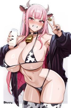 1girl absurdres animal_ears animal_print bare_shoulders bell bikini black_jacket blush bottle breasts cleavage clenched_teeth collar cow_ears cow_horns cow_print cow_print_bikini cow_print_thighhighs cowbell fake_horns handplug highres hololive hololive_english horns jacket large_breasts long_hair long_sleeves looking_at_viewer milk_bottle mori_calliope navel neck_bell off_shoulder pink_eyes pink_hair print_bikini print_thighhighs solo swimsuit teeth thighhighs thighs virtual_youtuber white_bikini white_thighhighs