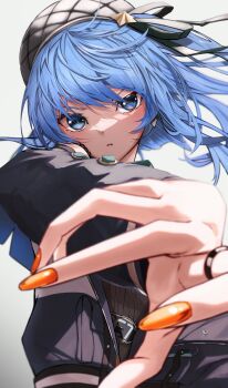 1girl absurdres aqui2002 beret blue_eyes blue_hair floating_hair hashtag-only_commentary hat highres hololive hoshimachi_suisei jewelry looking_at_viewer orange_nails parted_lips ring v-shaped_eyebrows virtual_youtuber white_background