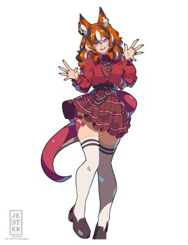 1girl :d animal_ear_fluff animal_ears artist_name belt black_hair breasts brown_shoes chain fox_ears full_body hair_ornament heart highres jesternalagon jewelry lizard_tail loafers long_hair long_sleeves looking_at_viewer multicolored_hair necklace open_hands open_mouth orange_hair original plaid_clothes plaid_skirt pleated_skirt purple_eyes red_shirt red_sweater scales shirt shoes simple_background skirt smile solo streaked_hair sweater tail teeth thighhighs watermark white_background white_hair white_thighhighs