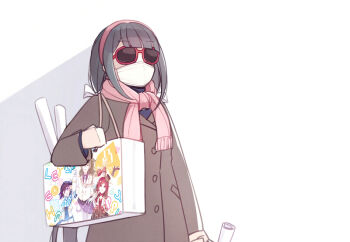 1girl alternate_costume bag black_hair blunt_bangs bow brown_coat buttons chabashira_tenko coat cowboy_shot danganronpa_(series) danganronpa_v3:_killing_harmony fringe_trim glasses gokuhara_gonta hair_bow hiragi_rin idol long_hair long_sleeves low_twintails mask merchandise mouth_mask oma_kokichi opaque_glasses pink_scarf pocket red-framed_eyewear scarf shadow shopping_bag simple_background solo standing sunglasses twintails white_background white_bow white_mask yumeno_himiko