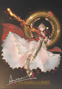 Rule 34 | 1girl, absurdres, accelerator1111, aestus estus, ahoge, armor, armored boots, armored dress, black background, blonde hair, blood, blood from forehead, blood from mouth, boots, breasts, commentary, copyright name, dress, english commentary, english text, epaulettes, fate/extra, fate (series), highres, juliet sleeves, knee boots, long sleeves, looking at viewer, medium breasts, nero claudius (fate), nero claudius (fate/extra), pantyhose, petals, procreate (medium), puffy sleeves, red dress, red ribbon, ribbon, rose petals, short hair, solo, white pantyhose, wide sleeves