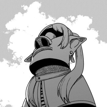 :3 artist_request earrings frieren hair_over_shoulder highres jewelry long_hair look-alike meme moai monochrome outdoors parted_bangs pointy_ears pun simple_background sky solo sousou_no_frieren statue teardrop_earrings twintails upper_body upward_angle_frieren_drawing_(meme)