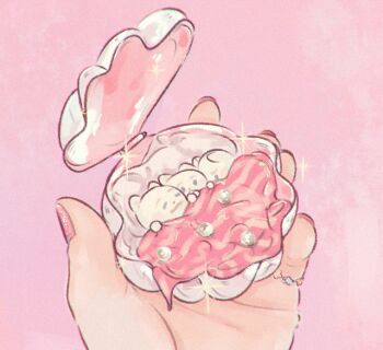 :< :3 animal animal_focus animated animated_gif blanket blue_eyes blurry cat chromatic_aberration clam_shell closed_eyes closed_mouth covering_face depth_of_field dot_nose film_grain fingernails furrowed_brow gem holding holding_shell jewelry looking_at_viewer lying moricky muted_color nail_polish on_back on_side original out_of_frame pearl_(gemstone) pillow pink_background pink_blanket pink_nails pink_theme pinky_ring ring seashell shell simple_background sparkle striped undersized_animal white_cat