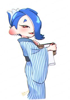 1girl 2022 alternate_costume blue_hair blush bucket dated ear_piercing folded_hair hair_over_one_eye holding holding_bucket japanese_clothes kimono looking_at_viewer looking_to_the_side nintendo octoling open_mouth piercing red_eyes shiver_(splatoon) smile solo somakusha splatoon_(series) splatoon_3 tentacle_hair white_background wooden_bucket yukata