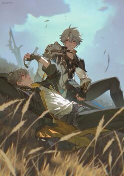 2boys antenna_hair arm_behind_head arm_up armor baseball_bat belt black_boots black_choker black_coat black_gloves black_pants blue_eyes blue_sky blurry blurry_foreground blush boots brown_belt brown_eyes caelus_(honkai:_star_rail) choker closed_mouth cloud cloudy_sky coat commentary crossed_bangs dawnmaker_(honkai:_star_rail) day english_commentary feet_out_of_frame fingerless_gloves fingernails gloves grey_belt grey_hair hair_between_eyes highres honkai:_star_rail honkai_(series) hood hooded_coat jacket leaf long_sleeves looking_at_another looking_up lying male_focus multiple_boys neck_tattoo on_back open_clothes open_coat outdoors pants phainon_(honkai:_star_rail) puffy_long_sleeves puffy_sleeves shirt short_hair shoulder_armor single_glove sitting sky sun_symbol sun_tattoo sword t-shirt tan tattoo teeth trailblazer_(honkai:_star_rail) two-sided_coat two-sided_fabric weapon weeds weyowang white_jacket white_shirt yellow_coat