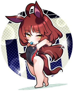 1girl ahoge animal_ears bare_legs brown_hair chibi commentary_request competition_swimsuit full_body highres horse_ears horse_girl horse_tail long_hair looking_at_viewer one-piece_swimsuit red_desire_(umamusume) solo standing swimsuit tail umamusume warashi whistle yellow_eyes