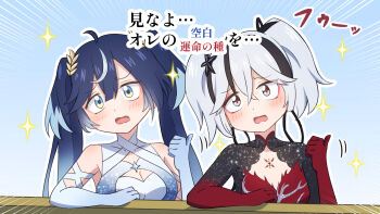 2girls ahoge bare_shoulders blue_eyes blue_gloves blue_hair breasts camellya_(wuthering_waves) cleavage commentary_request dobu_jelly gloves highres iuno_(wuthering_waves) light_blush long_hair medium_breasts multicolored_hair multiple_girls official_alternate_costume open_mouth streaked_hair tacet_mark_(wuthering_waves) twintails wuthering_waves