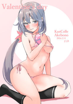 Rule 34 | 1girl, absurdres, ahoge, akebono (kancolle), bell, bikini, black socks, box, breasts, character name, commentary request, dated, flower, gradient background, grey hair, hair bell, hair flower, hair ornament, heart-shaped box, highres, jingle bell, kantai collection, looking at viewer, micro bikini, side-tie bikini bottom, small breasts, socks, solo, swimsuit, underwear, underwear only, valentine, yoshiki (bpmaxm)