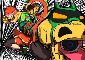 1girl absurdres arms_(game) beanie blonde_hair blunt_bangs bob_cut domino_mask dragon_(arms) extendable_limbs eye_mask green_eyes hat highres ichigain leggings leggings_under_shorts mask min_min_(arms) open_mouth orange_shorts ramram_(arms) short_hair shorts solo