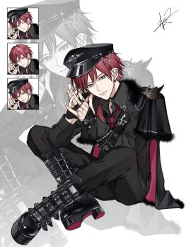 1boy 1zxn4 black_boots black_capelet black_hat black_pants black_shirt boots capelet closed_mouth full_body green_eyes hair_between_eyes hashtag-only_commentary hat highres indian_style invisible_chair jewelry lauren_iroas long_hair long_sleeves looking_at_viewer multiple_rings multiple_views nijisanji pants peaked_cap ponytail red_hair ring shirt side_ponytail simple_background sitting smile virtual_youtuber white_background