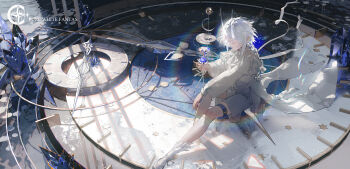 1boy absurdres analog_clock arm_on_knee ballet_slippers chinese_commentary chinese_text clock closed_eyes closed_mouth collar commentary commentary_request crystal english_commentary english_text frilled_collar frills full_body hand_up highres holding_hourglass horns hourglass jiang_you long_sleeves male_focus original ribbon shirt short_hair shorts sidelocks sitting socks solo thigh_strap translucent_horns watermark white_hair white_horns white_ribbon white_shirt white_shorts white_socks