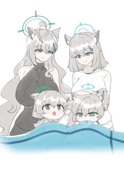 4girls ahoge animal_ears aqua_eyes biting black_sweater blue_archive blush breasts commentary cross_hair_ornament dual_persona fang grey_hair hair_ornament halo hand_on_another's_head highres huge_breasts large_breasts long_hair medium_hair mismatched_pupils moonjunk mother_and_daughter multiple_girls ponytail shiroko_(blue_archive) shiroko_terror_(blue_archive) simple_background skin_fang sleeveless sleeveless_sweater smile sweater very_long_hair white_background white_sweater wolf wolf_ears