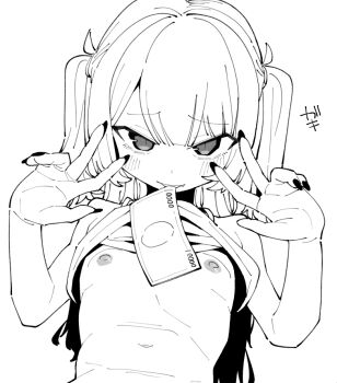 1girl banknote blush clothes_lift commentary_request double_v fingernails flat_chest greyscale long_fingernails long_hair looking_at_viewer mesugaki money monochrome mouth_hold nipples original shirt_lift smile smug solo two_side_up upper_body v yamai_(yamaichandayo)