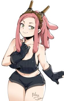 1girl artist_name black_gloves black_shorts black_tank_top boku_no_hero_academia breasts commentary crosshair_pupils english_commentary gloves goggles goggles_on_head hatsume_mei highres large_breasts pink_hair ponytail relaxjon shorts signature smile tank_top white_background yellow_eyes