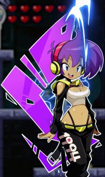 1994 1girl alternate_costume animated animated_gif belt blue_eyes breasts cleavage cleavage_cutout clothing_cutout dark_skin gameplay_mechanics genie gradient_hair headphones health_bar heart high_voltage_shantae highres jacket jersey large_breasts lightning long_hair multicolored_hair navel official_art open_hand open_hands open_mouth pants pointy_ears promotional_art purple_hair sakurajyousui_nami shantae shantae_(series) shantae_advance:_risky_revolution shiny_skin shoes smile sneakers sparks sports_bra teeth third-party_edit tongue two-tone_hair very_long_hair wayforward white_sports_bra yoga_pants