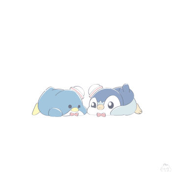 Rule 34 | animal focus, black eyes, bow, bowtie, commentary request, crossover, gen 4 pokemon, hat, highres, mochimaro (infj oekaki), nintendo, no humans, piplup, pokemon, pokemon (creature), red bow, red bowtie, sanrio, simple background, species connection, tuxedo sam, white background, white hat