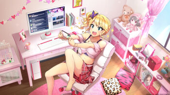 1girl bare_shoulders barefoot blonde_hair butterfly_hair_ornament cellphone chair computer computer_keyboard computer_tower cushion desk dolphin_wave fang feet_out_of_frame game_cg green_eyes gyaru hair_ornament highres holding holding_phone indoors izumi_kiri jewelry midriff monitor navel necklace off-shoulder_shirt off_shoulder official_art phone pink_shirt pink_skirt plaid_clothes plaid_skirt shirt side_ponytail sidelocks sitting skirt smartphone solo stuffed_animal stuffed_toy swivel_chair teddy_bear wavy_hair
