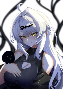 Rule 34 | 1girl, ahoge, alternate costume, azuki pii, bare shoulders, bird, black bird, cleavage cutout, clothing cutout, commentary request, highres, long hair, looking at viewer, mole, mole on chest, single hair intake, smile, upper body, white hair, yellow eyes, yixuan (zenless zone zero), zenless zone zero