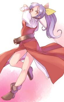 1girl arm_up belt boots breasts brown_belt brown_boots commentary_request dress full_body hair_ribbon holding holding_sword holding_weapon knees long_hair looking_to_the_side medium_breasts o-ring o-ring_belt one-hour_drawing_challenge orange_background ponytail puffy_short_sleeves puffy_sleeves purple_hair rangycrow red_dress red_eyes ribbon short_sleeves sideways_glance solo sword touhou watatsuki_no_yorihime weapon white_dress yellow_ribbon