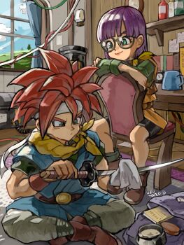 1boy 1girl ankle_boots artist_name belt black_shorts blue_eyes blue_tunic blunt_bangs book boots brown_boots carpet chair chrono_trigger cleaning cleaning_rag cleaning_sword cleaning_weapon closed_mouth commentary_request crono_(chrono_trigger) day desk glasses grey_pants headband highres holding holding_sword holding_weapon indian_style indoors long_hair looking_at_another lucca_ashtear on_chair on_floor orange_tunic pants purple_hair red_hair round_eyewear scarf short_hair short_sleeves shorts sitting sitting_backwards sleeves_rolled_up smile spiked_hair sword tunic uzutanco weapon white_headband window yellow_scarf
