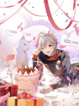 1boy absurdres birthday_cake bishounen cake cat food genshin_impact gift happy_birthday highres japanese_clothes kaedehara_kazuha male_focus multicolored_hair namimenou one_eye_closed open_mouth red_eyes red_hair short_hair solo streaked_hair viewfinder vision_(genshin_impact) white_cat white_hair
