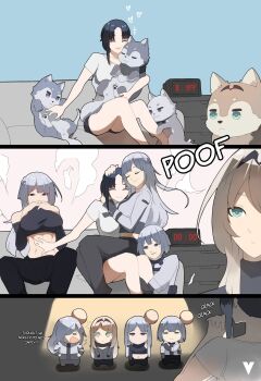 3koma 5girls abs ak-12_(girls'_frontline) ak-15_(girls'_frontline) alarm_clock an-94_(girls'_frontline) angelia_(girls'_frontline) animalization aqua_eyes bare_shoulders belly_rub black_hair black_pants clock closed_eyes comic crop_top defy_(girls'_frontline) dog drawer girls'_frontline grey_shirt highres korean_commentary long_hair midriff multiple_girls open_mouth pants platinum_blonde_hair purple_eyes rpk-16_(girls'_frontline) shirt short_hair silver_hair sitting sitting_on_person variasii wolf
