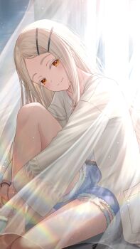 1girl absurdres behind_curtains blonde_hair blue_shorts blush closed_mouth commentary_request curtains denim denim_shorts floating_curtains gakuen_idolmaster hair_ornament hairclip highres hugging_own_leg idolmaster indoors jacket long_hair long_sleeves looking_at_viewer orange_eyes see-through_curtains shima46 shinosawa_hiro short_shorts shorts sitting smile solo torn_clothes torn_shorts