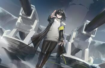 1girl absurdres arknights arknights:_endfield black_coat black_hair black_pants closed_mouth coat commentary endministrator_(arknights) eye_mask feet_out_of_frame female_endministrator_(arknights) grey_sweater hand_up highres holding making-of_available mask medium_hair open_clothes open_coat outdoors pants phyriaxi solo standing sweater