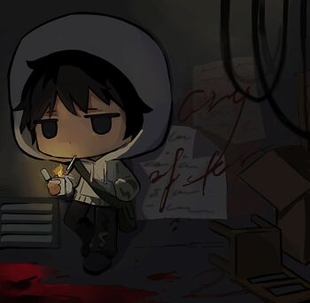 1boy against_wall black_hair blood cable chibi chibi_only cigarette commentary contrapposto copyright_name cry_of_fear english_commentary expressionless grey_hoodie hand_in_pocket highres holding holding_lighter hood hood_up hoodie jitome lighter male_focus pool_of_blood short_hair simon_henriksson solo standing wu_gusa1ntzzz