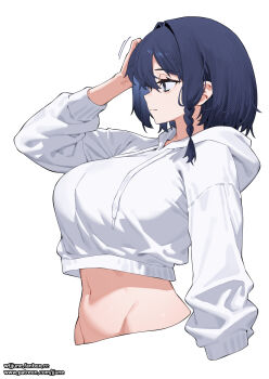 1girl blue_eyes blue_hair braid breasts closed_mouth commentary fanbox_username groin highres hood hooded_jacket jacket jjune large_breasts navel original patreon_username simple_background single_braid solo stomach upper_body white_background white_jacket
