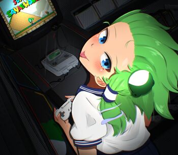 :p alternate_costume blue_eyes blue_serafuku cloudykeyz controller crt frog frog_hair_ornament game_console game_controller green_hair hair_ornament hair_tubes highres kochiya_sanae long_hair mario_(series) meme nintendo parody retro_games_sanae_(meme) sailor_collar school_uniform serafuku shirt single_hair_tube snake snake_hair_ornament solo super_famicom super_mario_world tongue tongue_out touhou video_game