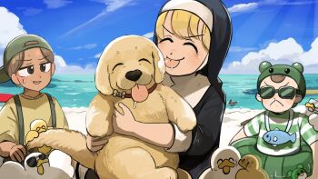 Rule 34 | 1boy, 2girls, :<, baby animal, backwards hat, beach, bird, blonde hair, brown hair, chicken, clumsy nun (diva), commentary, diva (hyxpk), dog, duck, duckling, english commentary, froggy nun (diva), golden retriever, green hat, green one-piece swimsuit, habit, hat, highres, horizontal-striped swimwear, innertube, licking, little nuns (diva), multiple girls, nun, nun headdress, ocean, old-fashioned swimsuit, one-piece swimsuit, shirt, slice of life, striped clothes, striped one-piece swimsuit, swim ring, swimsuit, tongue, tongue out, traditional nun, yellow shirt