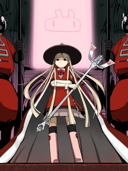 1girl bad_id bad_pixiv_id blonde_hair cape crossed_arms female_focus guards hat long_hair original penpen_(penpen1942) solo staff witch witch_hat