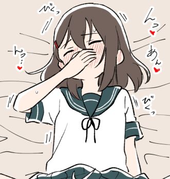 Rule 34 | 1girl, bed sheet, blush, brown hair, closed eyes, commentary request, covering own mouth, ganaishoten, green sailor collar, green skirt, implied cunnilingus, lying, on back, original, sailor collar, school uniform, serafuku, shirt, short hair, skirt, solo, white shirt
