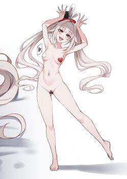 1girl absurdres barefoot black_hat breasts commentary completely_nude feet hat heart_maebari heart_pasties highres honkai:_star_rail honkai_(series) limelam06 long_hair maebari mini_hat mini_top_hat navel nude open_mouth pasties purple_eyes rabbit_pose small_breasts smile solo sparkle_(honkai:_star_rail) sparxie_(honkai:_star_rail) stomach top_hat twintails very_long_hair white_hair