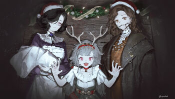 3girls :d antlers apron black_coat black_corset black_hair black_ribbon blanket braces brown_eyes brown_hair christmas_ornaments claw_pose closed_mouth coat commentary corset dark dress english_commentary fake_antlers fangs grey_hair hair_over_one_eye hairband hands_up hat highres holding holding_blanket horns jewelry long_hair low_twintails maid multiple_girls neck_flower neck_ribbon necklace one_eye_covered open_mouth pink_eyes purple_dress red_dress red_eyes red_hairband red_hat reindeer_antlers reverse:1999 ribbon rubuska santa_hat shirt short_hair short_sleeves smile swaddled tooth_fairy_(reverse:1999) tooth_necklace tuesday_(reverse:1999) twintails twitter_username upper_body white_apron white_shirt wooden_wall zeradok