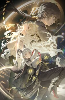 1boy 1girl absurdres adjusting_clothes adjusting_necktie arm_pouch bare_shoulders black_choker black_gloves black_hair black_horns black_jacket black_pants black_shoes black_tail breasts button_gap chest_harness choker closed_eyes closed_mouth commentary curled_horns demon_tail gloves grey_hair hair_between_eyes harness heng_(hang_1004) high-waist_pants high_heels highres holding holding_shield horns jacket jacket_on_shoulders large_breasts long_hair looking_at_viewer low_ponytail male_rover_(wuthering_waves) multiple_views necktie pants parted_lips ponytail pouch red_eyes red_necktie revision rover_(wuthering_waves) scar shield shirt shirt_tucked_in shoes tail tight_clothes tight_pants white_shirt wuthering_waves yellow_eyes zani_(wuthering_waves)