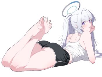 1girl alternate_costume alternate_hairstyle ass barefoot black_shorts blue_archive blush camisole dolphin_shorts feet from_behind hair_intakes halo highres legs legs_up long_hair looking_at_viewer looking_back lying midriff noa_(blue_archive) on_stomach ponytail purple_eyes reia_76 shorts simple_background solo thighs toenails toes very_long_hair white_background white_camisole white_hair white_halo