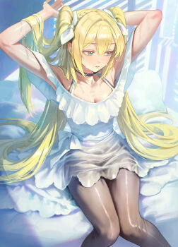 Rule 34 | 1girl, absurdres, armpits, arms behind head, arms up, ballerina, bangsom, bare shoulders, black choker, black pantyhose, blonde hair, blue eyes, blush, braid, breasts, choker, cleavage, collarbone, commentary, dress, feet out of frame, hair between eyes, hair flowing over, hair ribbon, hair spread out, hands in own hair, highres, knees together feet apart, long hair, looking to the side, medium breasts, nora (bangsom), off-shoulder dress, off shoulder, original, pantyhose, parted lips, pillow, ribbon, sitting, solo, sweat, twintails, two side up, very long hair, white dress, white ribbon