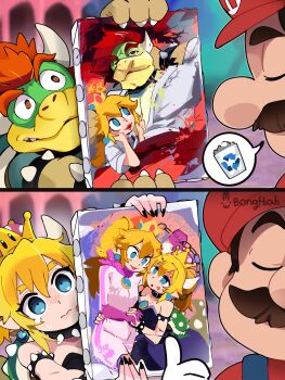 2boys 2girls absurdres artist_name black_dress blonde_hair blue_eyes blush bongftah bowser bowsette collar commentary dress facial_hair gloves highres long_hair mario mario_(series) multiple_boys multiple_girls mustache new_super_mario_bros._u_deluxe nintendo painting_(object) pink_dress princess_peach spiked_collar spikes super_crown super_mario_galaxy symbol-only_commentary tears thumbs_up white_gloves yuri