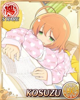 1girl ahoge barefoot bedroom border breast_press breasts card_(medium) character_name english_text game_cg green_eyes kosuzu_(senran_kagura) large_breasts lying medium_hair official_alternate_costume official_art on_bed on_stomach open_mouth orange_hair pajamas pink_pajamas reading saliva senran_kagura senran_kagura_new_wave sheet_music smile solo