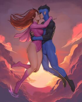 1boy 1girl absurdres arms_around_neck arms_around_waist atom_eve blue_bodysuit bodysuit boots breasts cape capelet clenched_hands cloud cloudy_sky commentary couple covered_abs dalejomej earrings english_commentary facing_another facing_viewer fingerless_gloves floating full_body gloves highres hug invincible_(character) invincible_(series) jewelry kiss leotard levitation looking_ahead mark_grayson mask multicolored_bodysuit orange_hair pink_bodysuit pink_boots pink_cape pink_capelet pink_leotard realistic realistic_teeth samantha_eve_wilkins short_hair side-by-side signature sky spandex sunset superhero_costume tight_clothes two-tone_bodysuit wind