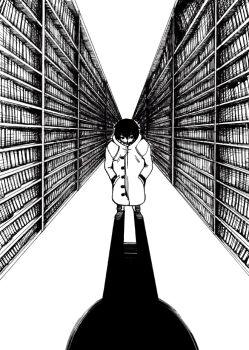 1boy book coat ghost_in_the_shell greyscale laughing_man_(gits) library male_focus monochrome overcoat shadow solo yajima_yasuhiro